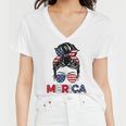 Merica Mom Girl American Flag Messy Bun Hair 4Th Of July Usa V2 Women V-Neck T-Shirt