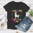 Llama Birthday Party Llamazing Gift Girl Rainbow Hearts Gift Women V-Neck T-Shirt