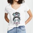 Nurse Life Leopard Messy Bun Hair Healthcare Flower Glasses  Women V-Neck T-Shirt
