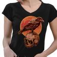 Halloween Cool Raven Crow Skull And Moon Women V-Neck T-Shirt