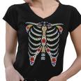 Halloween Day Of Dead Skeleton Flowers Decorated Women V-Neck T-Shirt