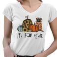 Its Fall Yall Yellow Pug Dog Leopard Pumpkin Falling  Women V-Neck T-Shirt