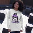 Taurus Girl Birthday Messy Bun Hair Purple Floral Long Sleeve T-Shirt Gifts for Her