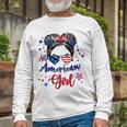 All American Girls 4Th Of July Daughter Messy Bun Usa V7 Long Sleeve T-Shirt Gifts for Old Men