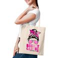 Breast Cancer Warrior Messy Bun Women Groovy Retro Pink Tote Bag