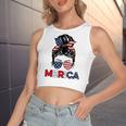 Merica Mom Girl American Flag Messy Bun Hair 4Th Of July Usa V2 Women's Sleeveless Bow Backless Hollow Crop Top