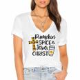 Hello Fall Pumpkin Spice & Jesus Christ Fall Christian Gift Women's Jersey Short Sleeve Deep V-Neck Tshirt