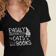 Easily Distracted By Cats And Books Funny Book Lover Women's Jersey Short Sleeve Deep V-Neck Tshirt