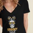 Spooky Halloween Girl Skull Messy Bun Leopard Costume Women's Jersey Short Sleeve Deep V-Neck Tshirt