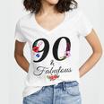 90 & Fabulous 90 Years Old Vintage Floral 1932 90Th Birthday Women's Jersey Short Sleeve Deep V-Neck Tshirt