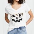 Jack O Lantern Pumpkin Halloween Costume Leopard Glasses Women's Jersey Short Sleeve Deep V-Neck Tshirt