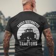 Easily Distracted By Tractors Farmer Tractor Funny Farming Tshirt Men's Crewneck Short Sleeve Back Print T-shirt Gifts for Old Men