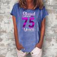Blessed By God For 75 Years Old 75Th Birthday Gifts Crown Women's Loosen Crew Neck Short Sleeve T-Shirt Blue