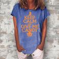 Keep Calm And Give Me Candy Trick Or Treat Halloween Women's Loosen Crew Neck Short Sleeve T-Shirt Blue