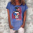 Messy Bun Skull America Flag Glasses 4Th Of July Patriotic Women's Loosen Crew Neck Short Sleeve T-Shirt Blue