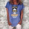 Spooky Halloween Girl Skull Messy Bun Leopard Costume Women's Loosen Crew Neck Short Sleeve T-Shirt Blue