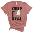 Creep It Real Ghost Men Skateboarding Halloween Fall Season  Women's Short Sleeve T-shirt Unisex Crewneck Soft Tee Heather Mauve