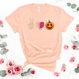 Halloween Skeleton Peace Love Pumpkin Leopard Heart Apparel Unisex Crewneck Soft Tee Heather Peach