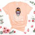 Halloween Skull Messy Bun Thick Thighs And Spooky Vibes Unisex Crewneck Soft Tee Heather Peach