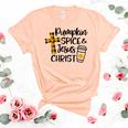 Hello Fall Pumpkin Spice & Jesus Christ Fall Christian Gift  Women's Short Sleeve T-shirt Unisex Crewneck Soft Tee Heather Peach