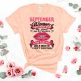 I Am A September Woman Girl Birthday Queen Born In September Women's Short Sleeve T-shirt Unisex Crewneck Soft Tee Heather Peach