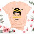 Womens August Girl Birthday Cute Messy Bun Bees Gifts Unisex Crewneck Soft Tee Heather Peach