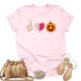 Halloween Skeleton Peace Love Pumpkin Leopard Heart Apparel Unisex Crewneck Soft Tee Light Pink