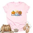 Hello Fall Pumpkins Thanksgiving Season Women's Short Sleeve T-shirt Unisex Crewneck Soft Tee Light Pink
