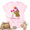 Kids 7 Year Old Cool Cute Sloth Balloons 7Th Birthday Girls Party Women's Short Sleeve T-shirt Unisex Crewneck Soft Tee Light Pink