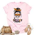 Spooky Mama Skull Halloween Womens Messy Bun Witch Unisex Crewneck Soft Tee Light Pink