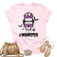 Womens Momster Funny Halloween Costume Skull Mom Messy Bun Unisex Crewneck Soft Tee Light Pink