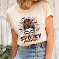 Halloween Spooky Mama Costume Messy Bun Spider Web For Mom Unisex Crewneck Soft Tee Natural