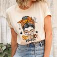 One Spooky Mama For Halloween Messy Bun Mom Monster Bleached V3 Unisex Crewneck Soft Tee Natural