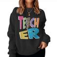 Teacher Colorful Distressed Leopard Lightning Bolt Trendy Women Crewneck Graphic Sweatshirt