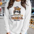One Thankful Mama Messy Bun Fall Leaves Autumn Thanksgiving Women Graphic Long Sleeve T-shirt Gifts for Her