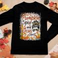 Pumpkin Spice And Jesus Christ Leopard Messy Bun Fall Women Graphic Long Sleeve T-shirt Personalized Gifts
