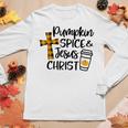 Hello Fall Pumpkin Spice & Jesus Christ Fall Christian Gift Women Graphic Long Sleeve T-shirt Personalized Gifts