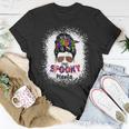 Womens One Spooky Mama Witchy Mama Halloween Messy Bun Mom Bleached Unisex T-Shirt Funny Gifts
