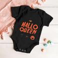 Hallo Queen Witch Hat Pumpkin Cat Halloween Quote Baby Onesie
